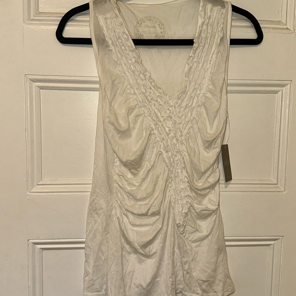White Deletta Tank with Ruffle Detailing on front